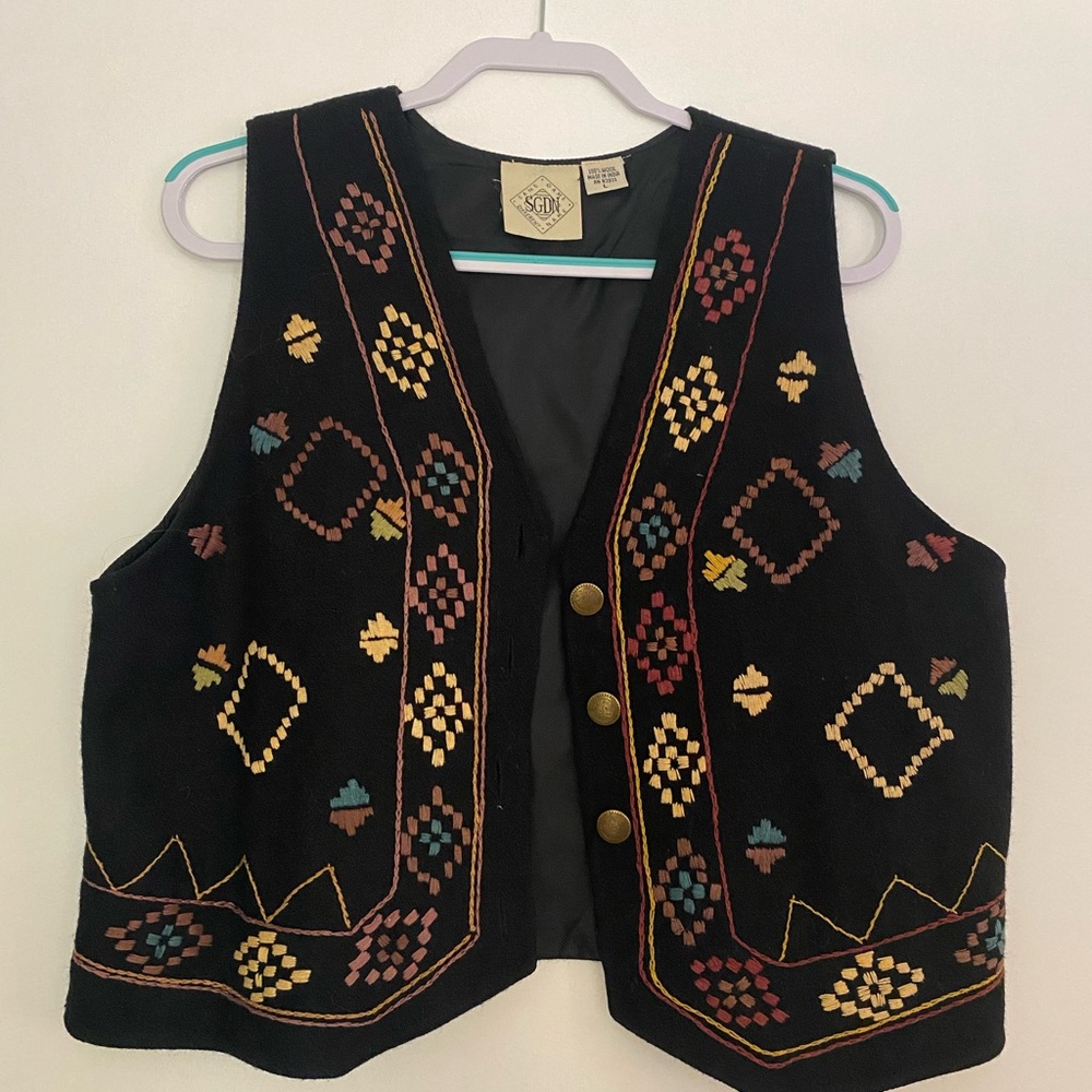 SGN Black Wool Vest with Colorful Embroidery